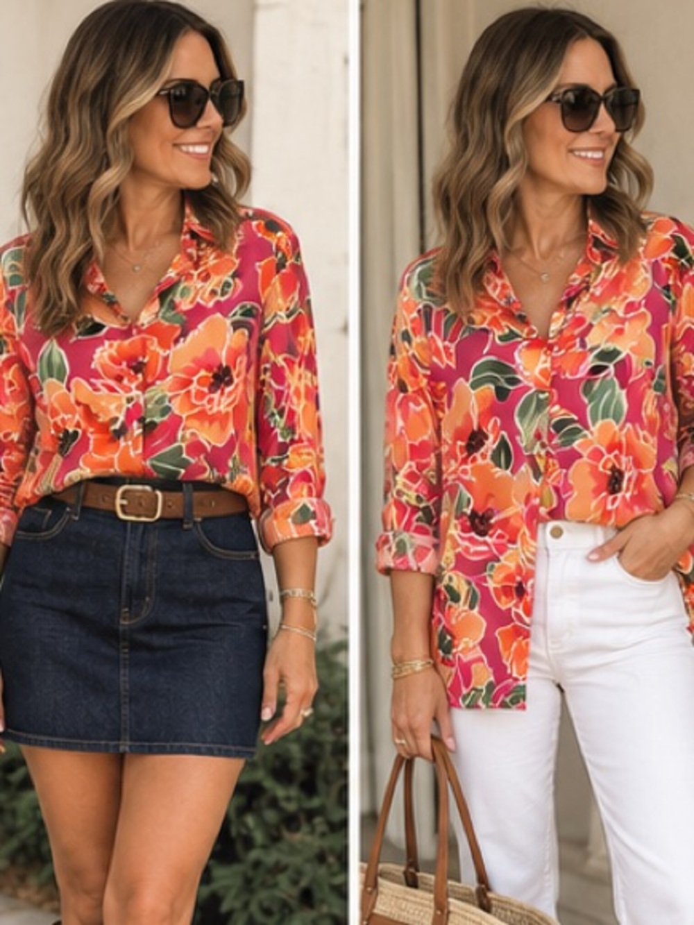 Zara Orange & pink 🌺 Floral Button-Up Shirt EUC large